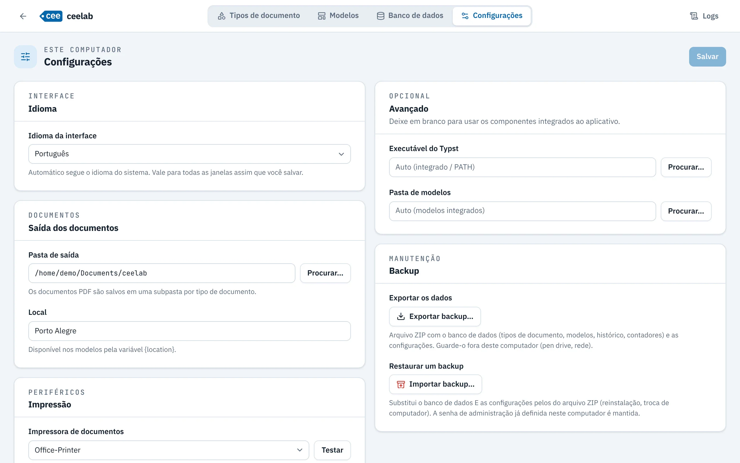 Tela Configurações: idioma da interface, pasta de saída, local, impressoras e backup.
