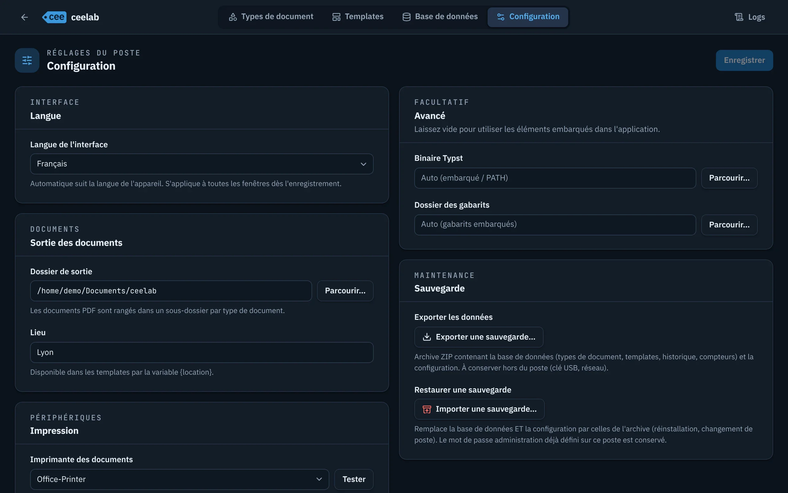 Écran Configuration : langue de l'interface, dossier de sortie, lieu, imprimantes et sauvegarde.