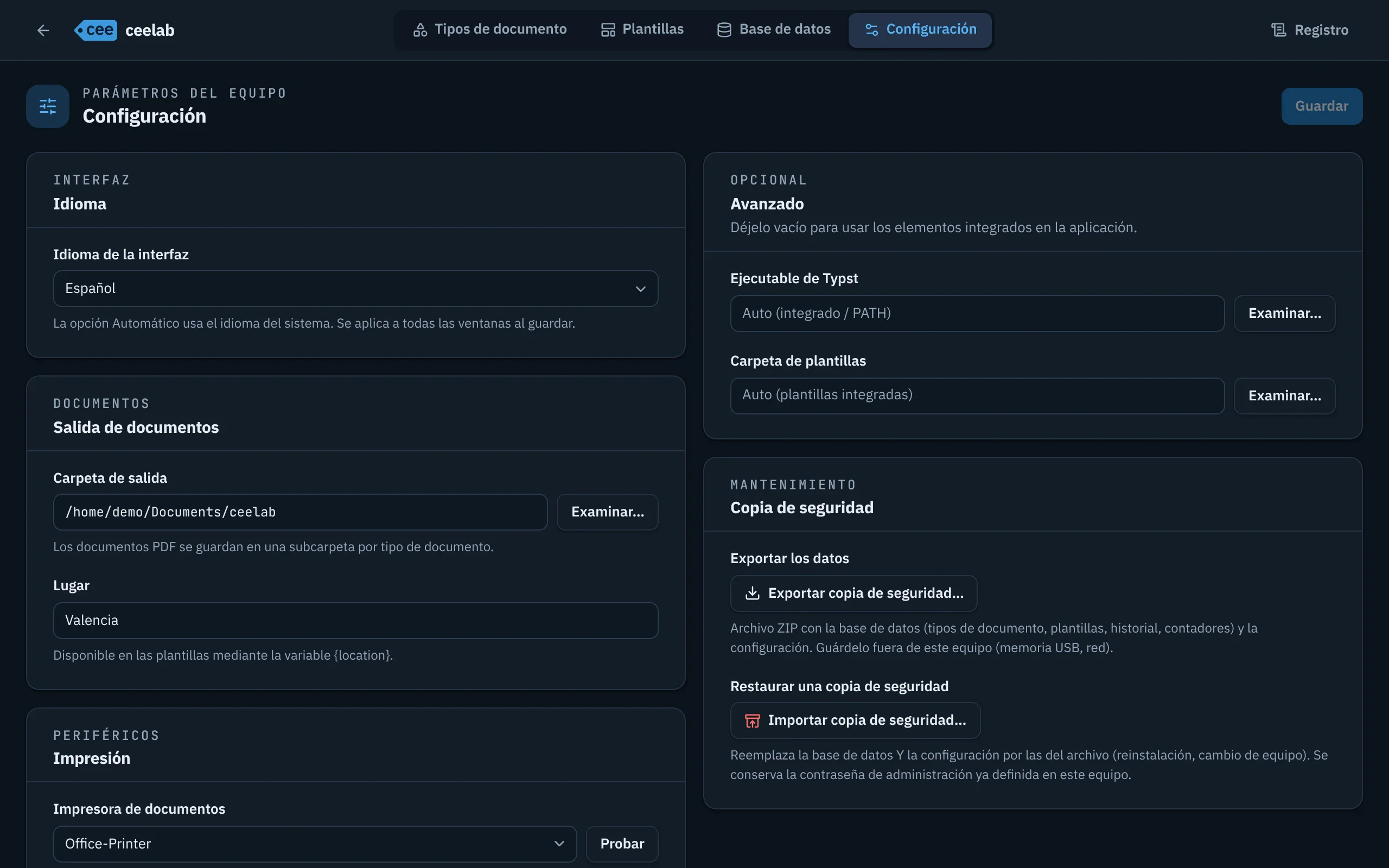 Pantalla Configuración: idioma de la interfaz, carpeta de salida, lugar, impresoras y copia de seguridad.