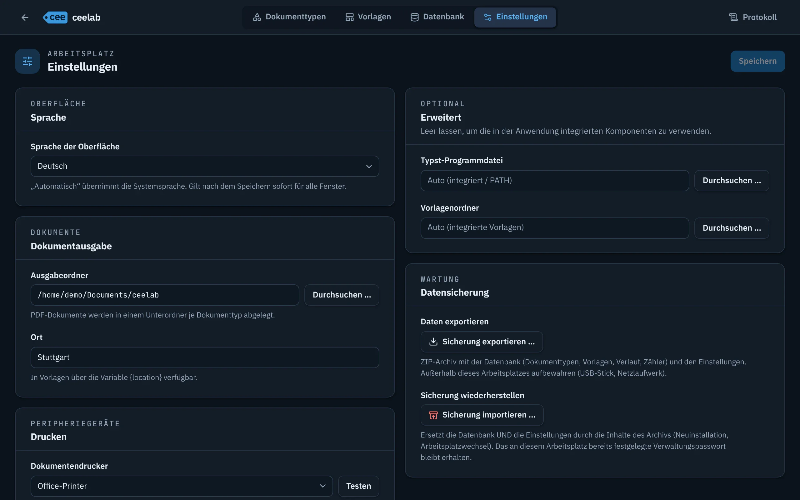 Bildschirm Einstellungen: Sprache der Oberfläche, Ausgabeordner, Ort, Drucker und Datensicherung.