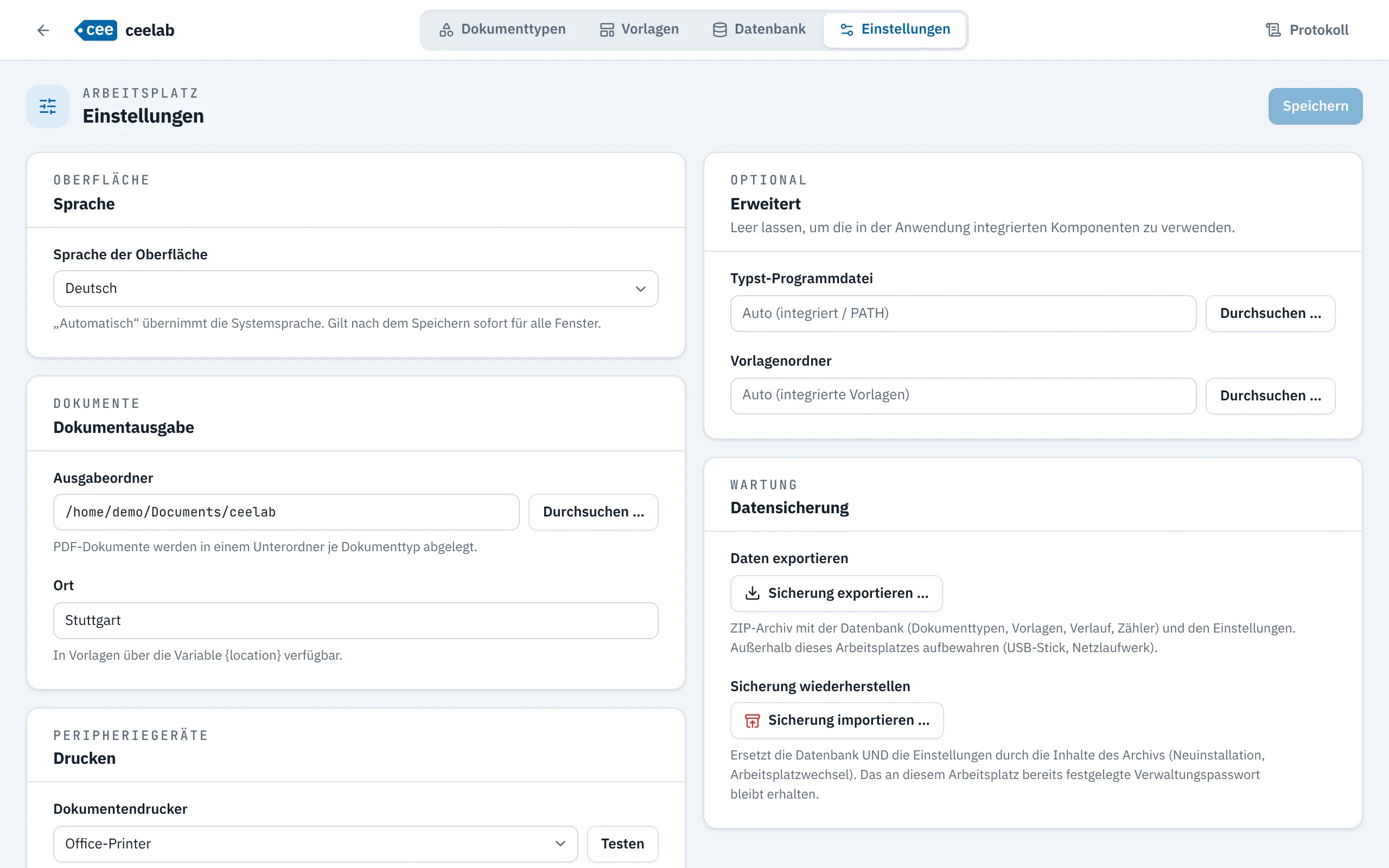 Bildschirm Einstellungen: Sprache der Oberfläche, Ausgabeordner, Ort, Drucker und Datensicherung.