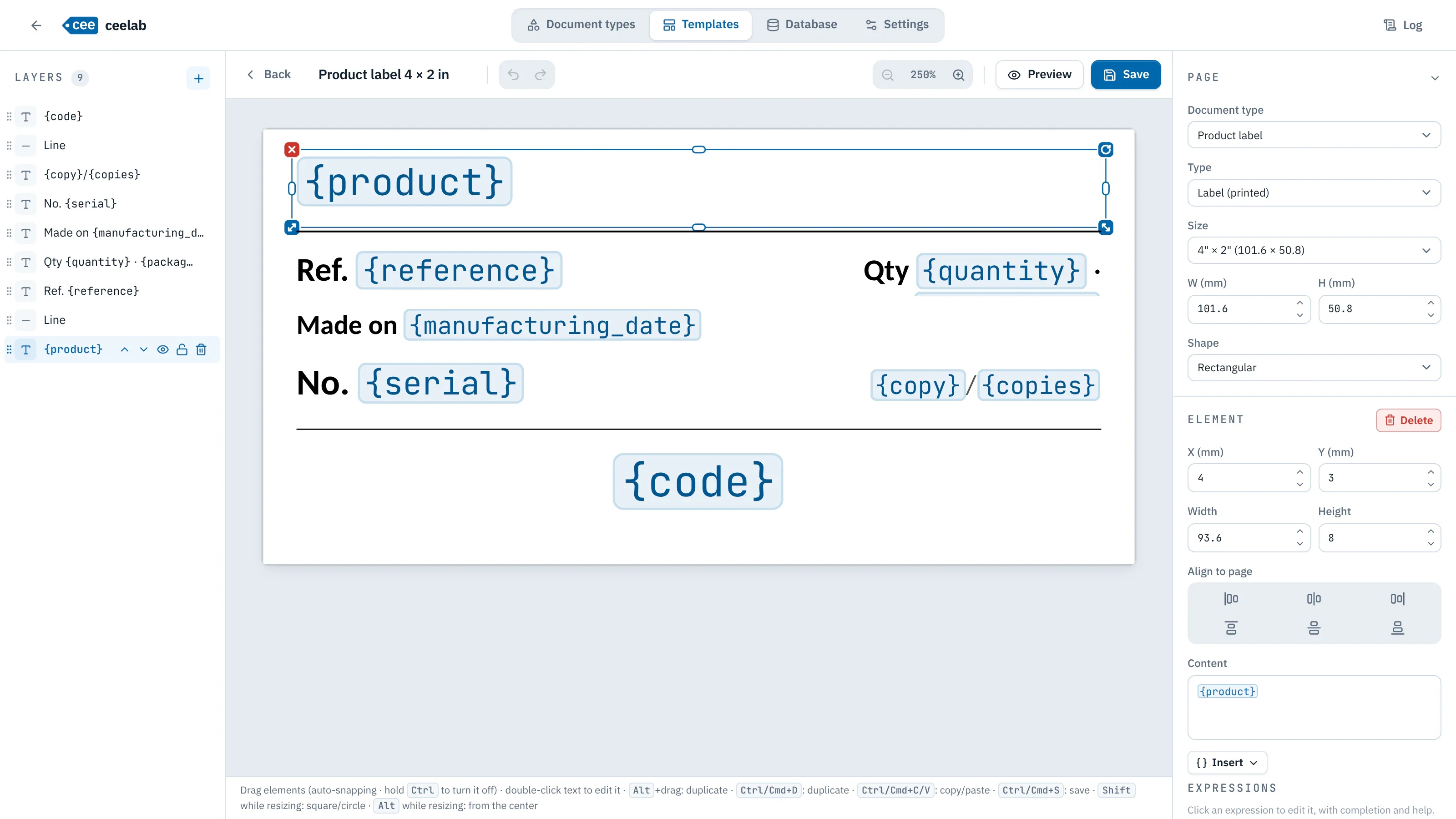 Template editor: list of layers, product label with its fields, properties of the selected element.