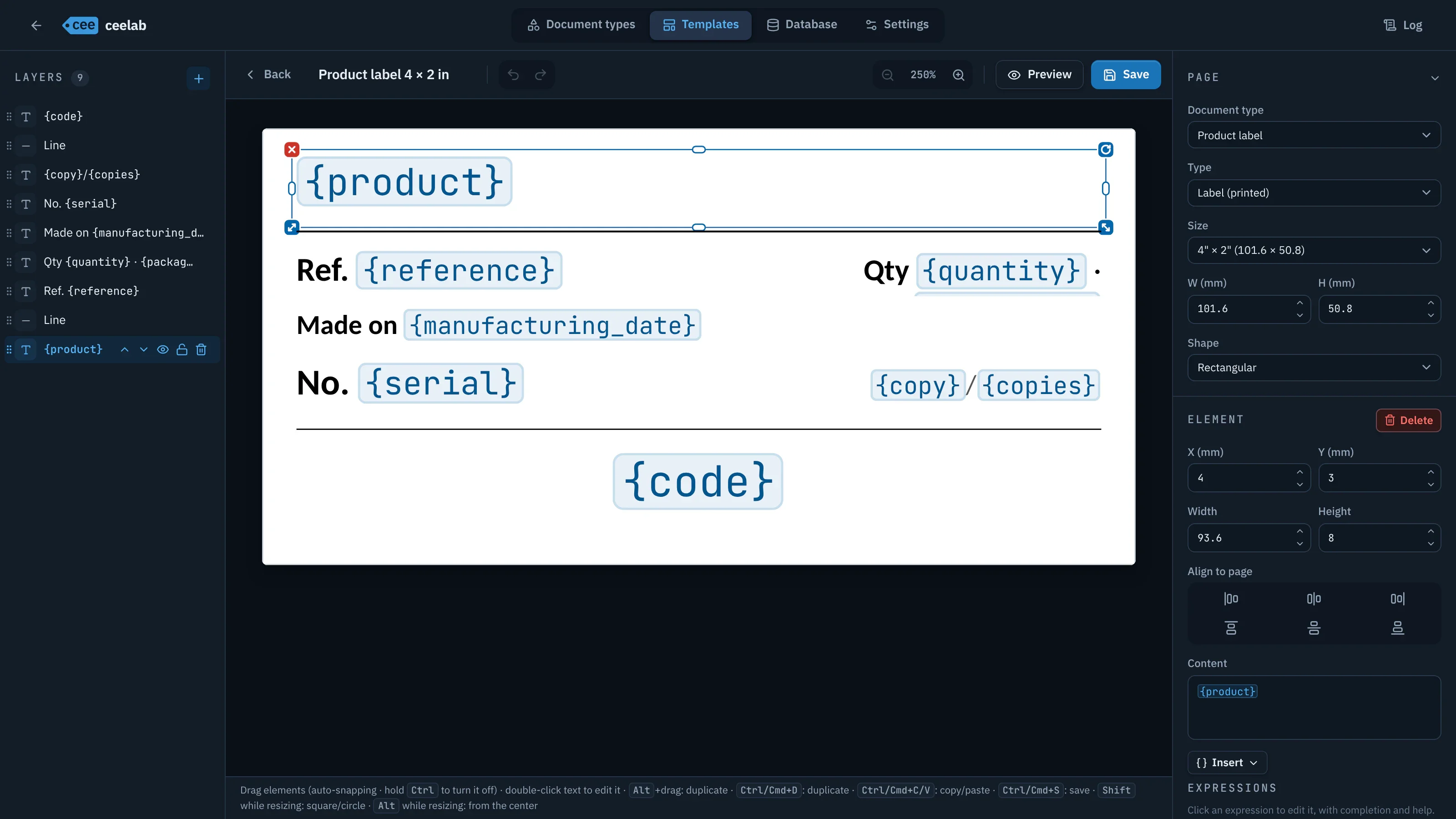 Template editor: list of layers, product label with its fields, properties of the selected element.