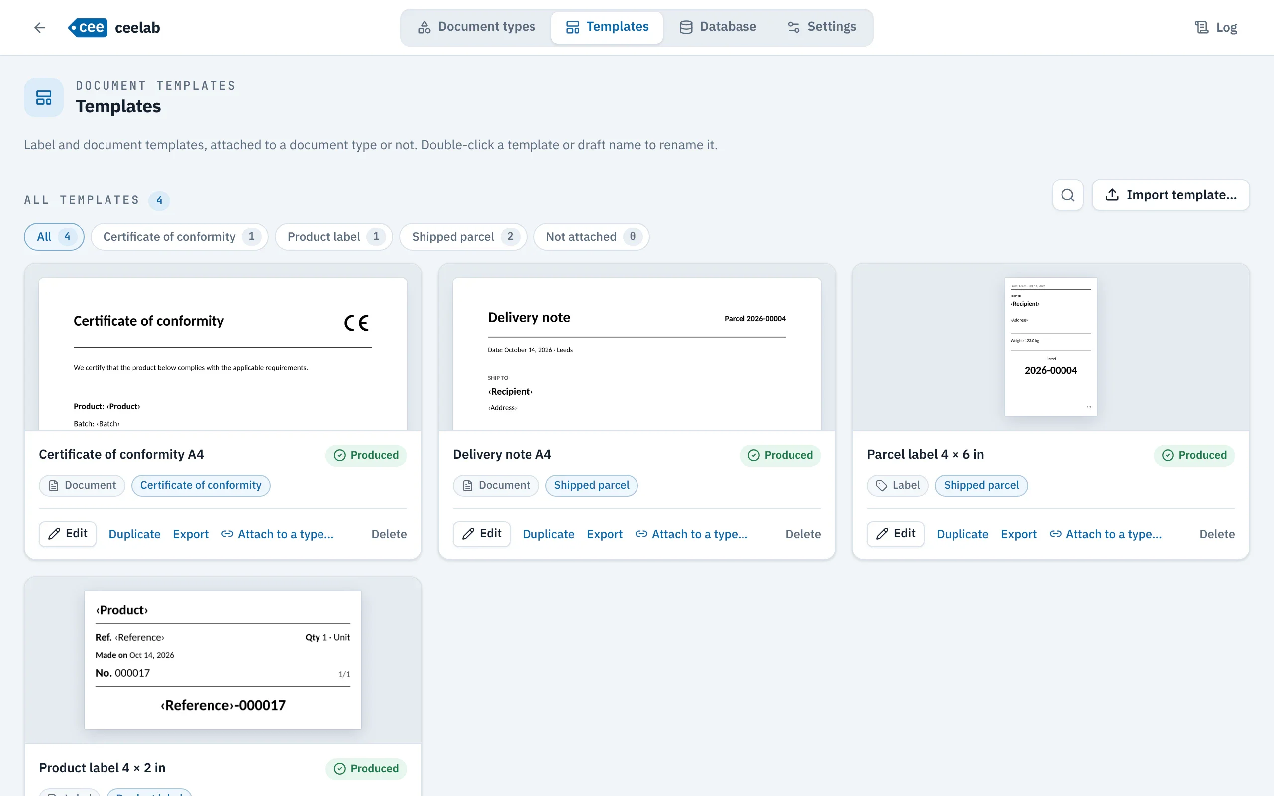 Template gallery, filterable by document type, with a preview of each template.