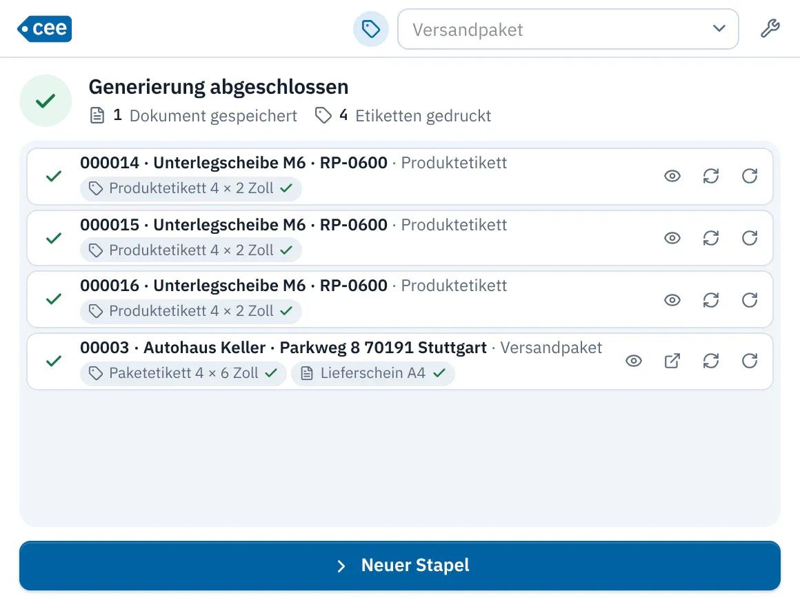 Abschlussbildschirm der Generierung: jedes Dokument mit dem Status seiner Ausgaben und den Aktionen Vorschau, Erneut drucken und Drehen.