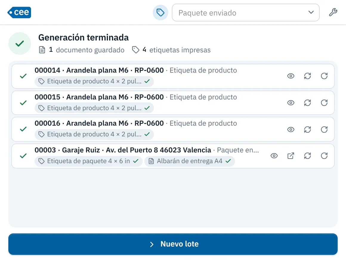 Pantalla de fin de generación: cada documento con el estado de sus salidas y las acciones Vista previa, Reimprimir y Girar.