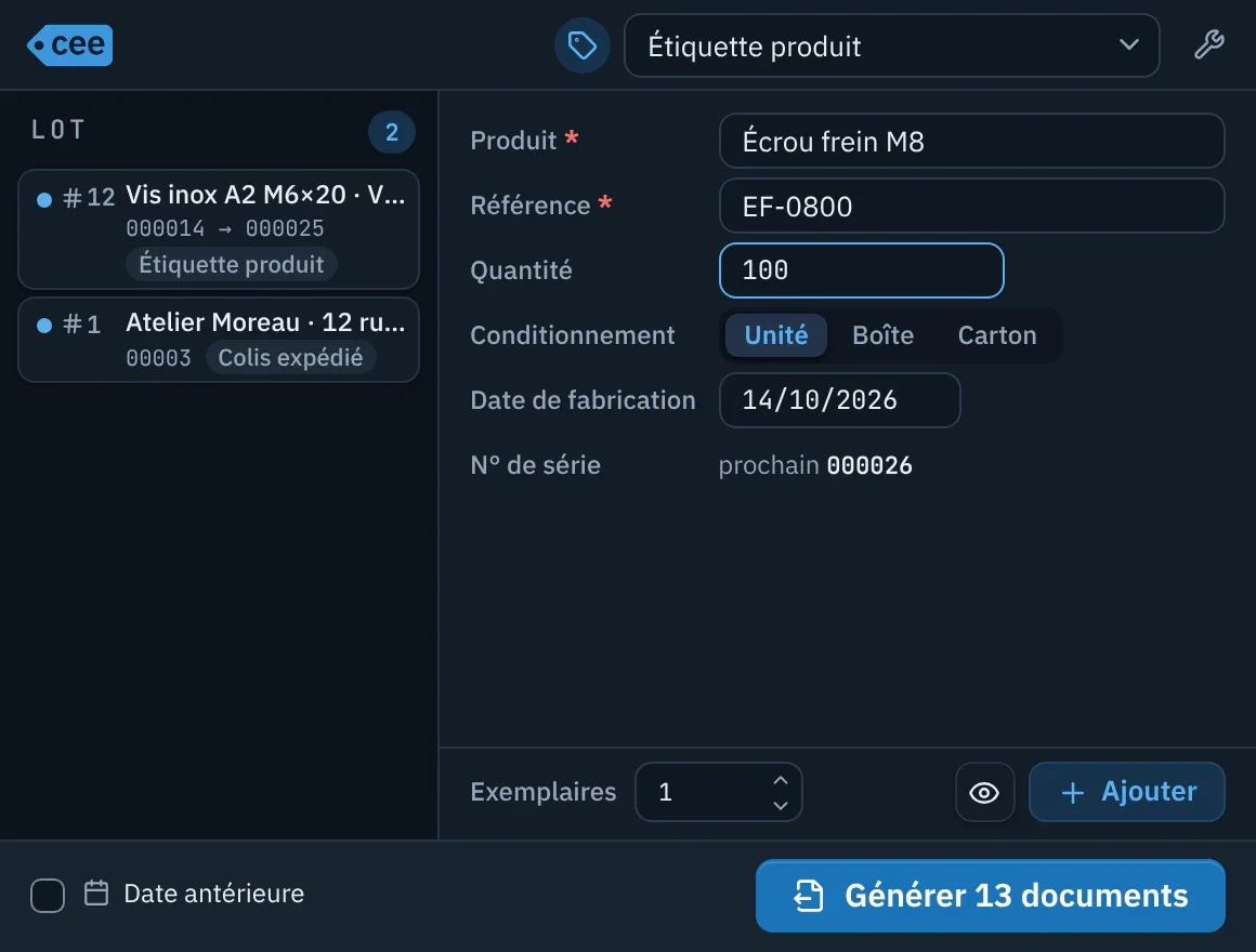 Fenêtre Génération de ceelab : un lot de deux lignes à gauche, le formulaire d'une étiquette produit à droite.