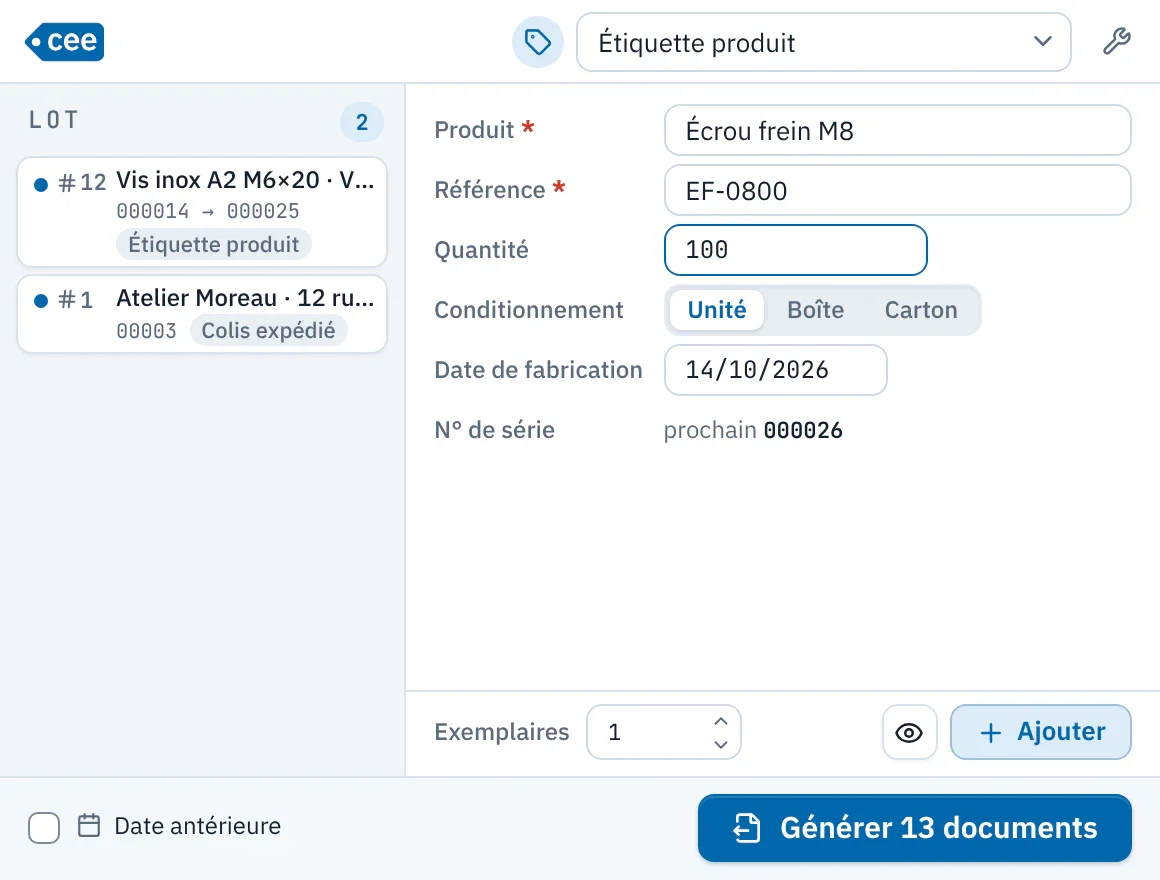 Fenêtre Génération de ceelab : un lot de deux lignes à gauche, le formulaire d'une étiquette produit à droite.