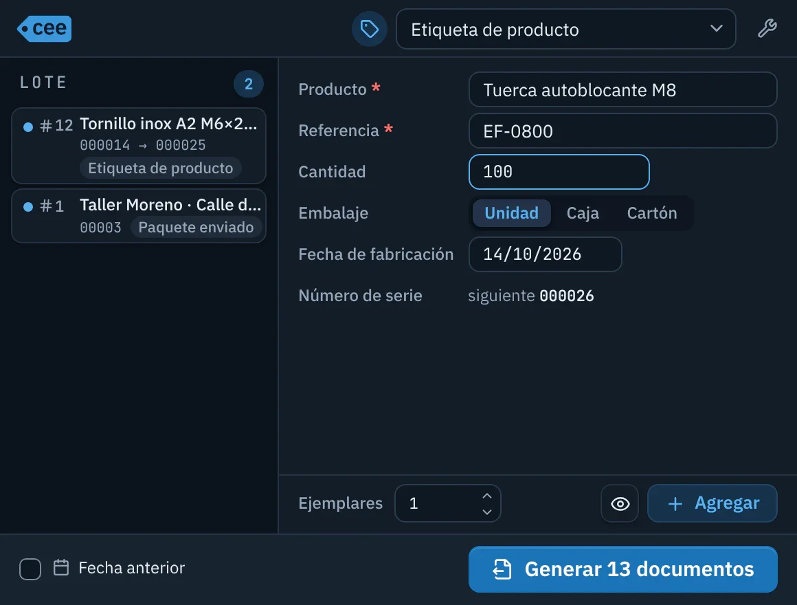 Ventana Generación de ceelab: un lote de dos líneas a la izquierda y, a la derecha, el formulario de una etiqueta de producto.
