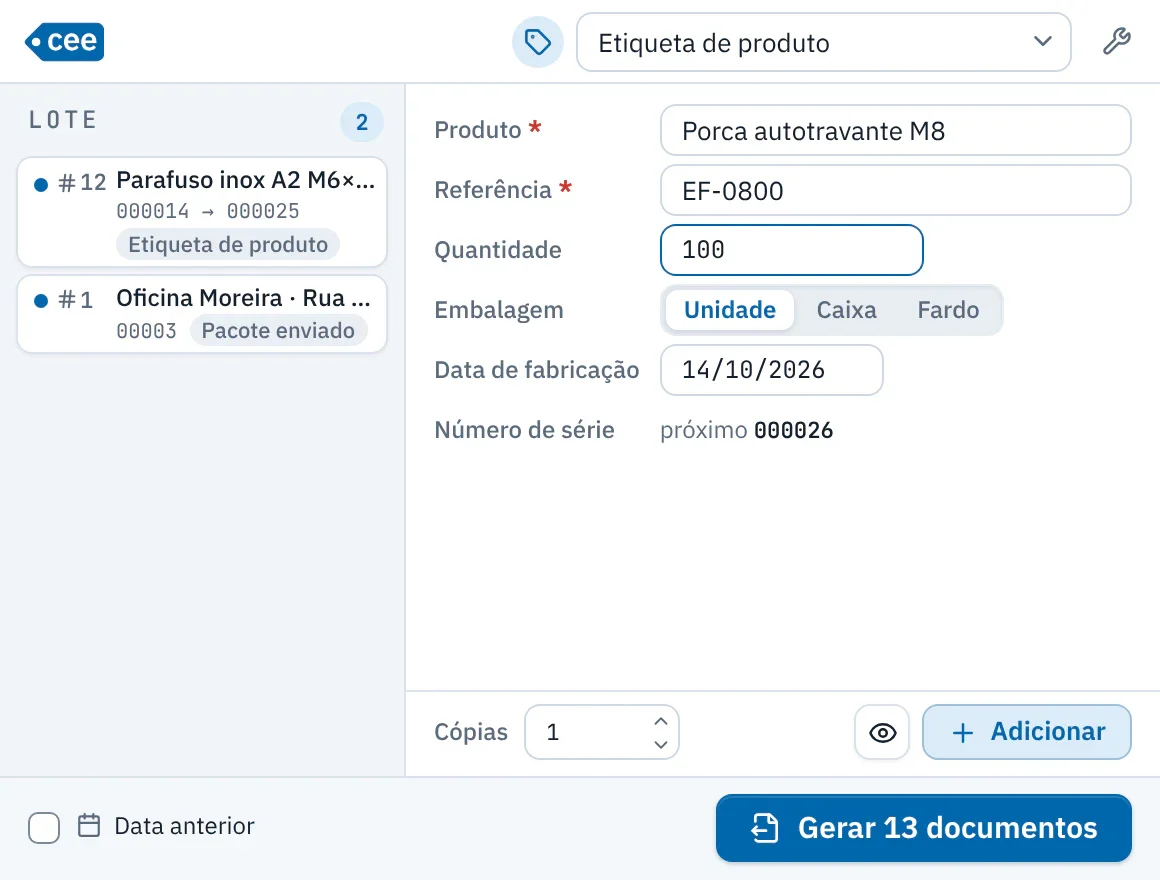 Janela Geração do ceelab: um lote de duas linhas à esquerda e, à direita, o formulário de uma etiqueta de produto.