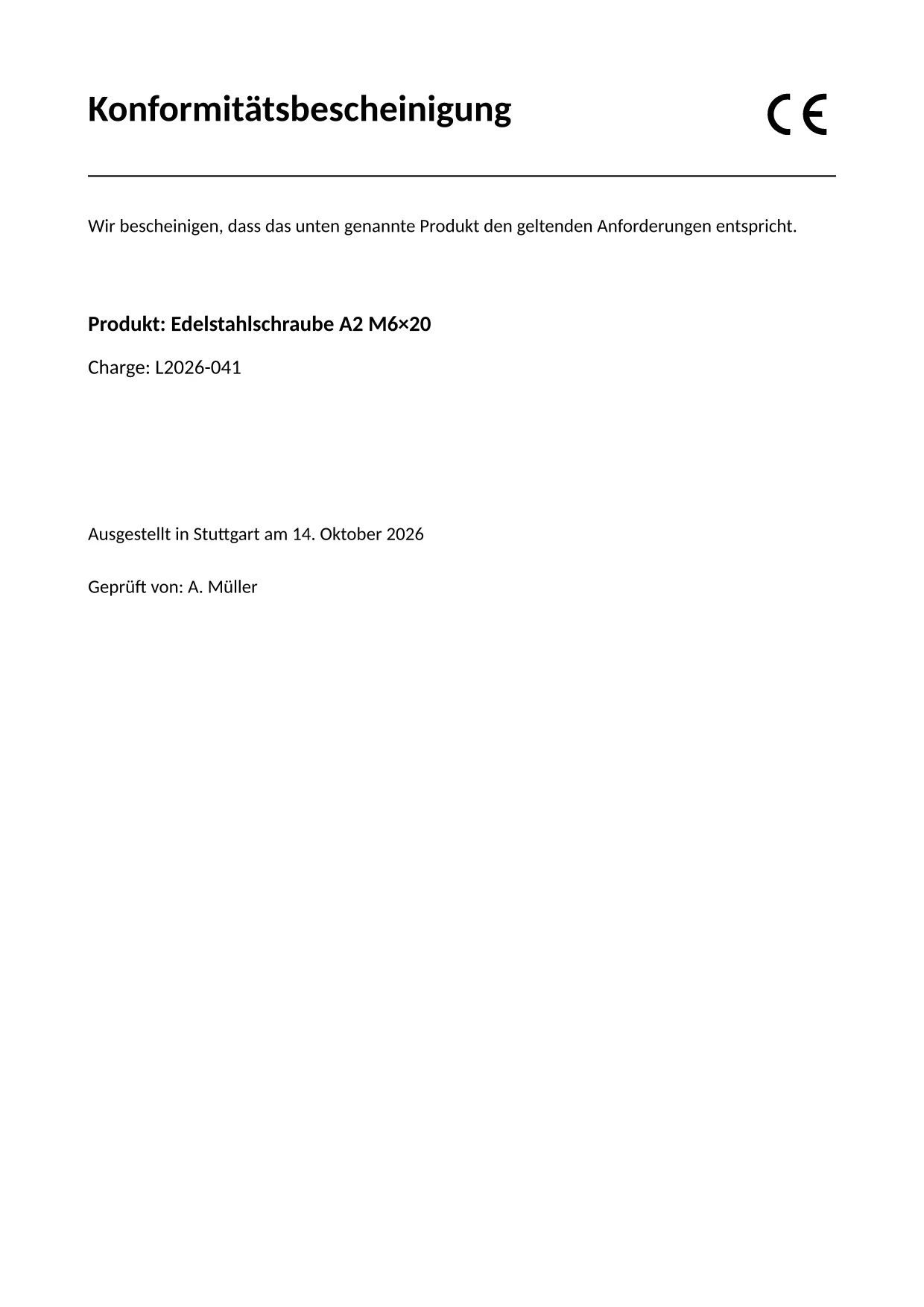 Konformitätsbescheinigung A4 mit CE-Kennzeichnung, Produkt und Chargennummer.