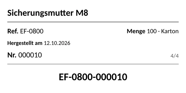 Von ceelab gedrucktes Produktetikett 4 × 2 Zoll mit Seriennummer und Rückverfolgungscode.