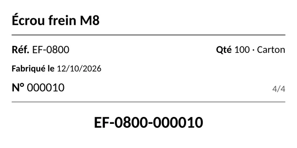 Étiquette produit 4 × 2 po imprimée par ceelab, avec son numéro de série et son code de traçabilité.