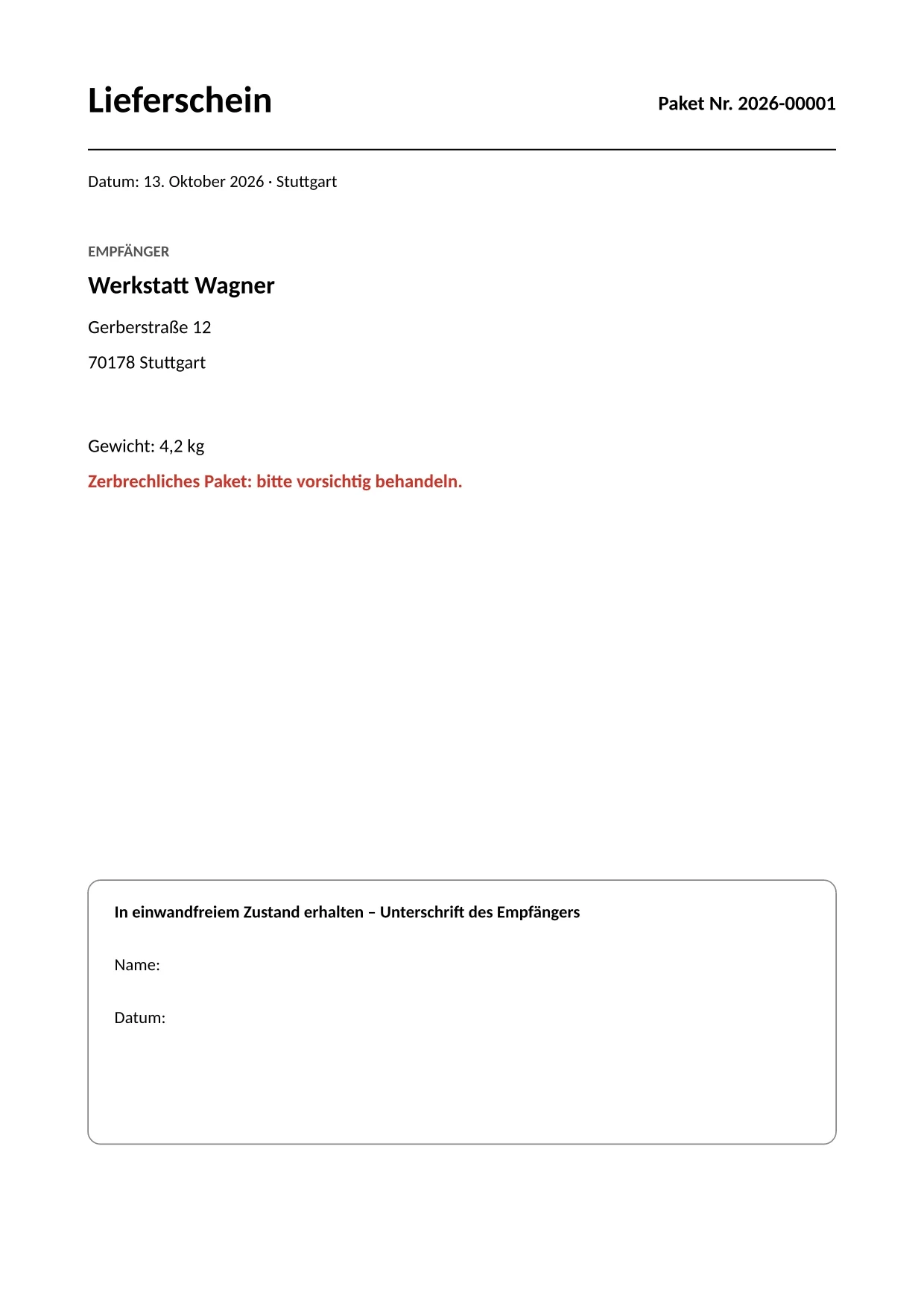 Lieferschein A4 mit derselben Paketnummer und einem Feld für die Unterschrift des Empfängers.